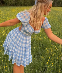 Lace Up Gingham Chiffon A-line Puff Sleeve Plaid Short Dress