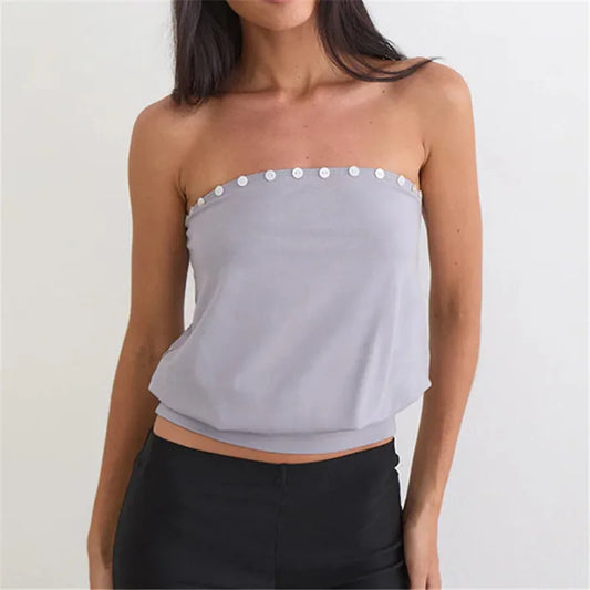 Button Trim Strapless Tube Top