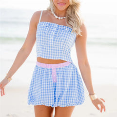 Gingham Spaghetti Strap Crop Top And Bubble Mini Skirt Set