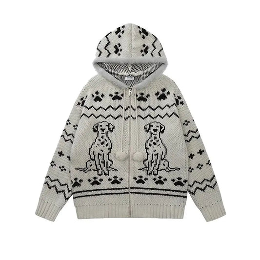 Puppy Print Hoodie Knitted Cardigan
