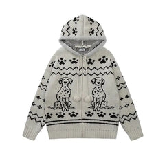 Puppy Print Hoodie Knitted Cardigan