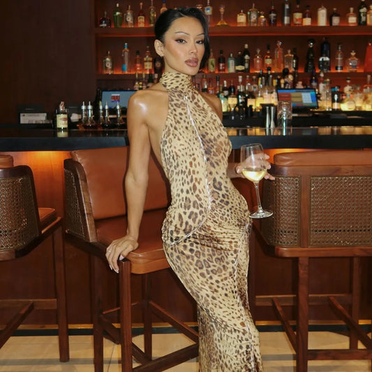 Halter Leopard Open Back Maxi Dress