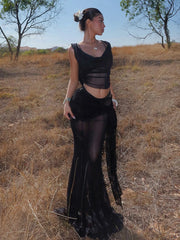 Black Mesh Hooded Crop Tops And Ruched Skirts Set