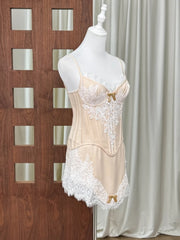 Satin Lace Patchwork V-Neck Top And Mini Skirt Set
