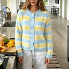 Fuzzy Mohair Striped Round Neck Button Crop Cardigan