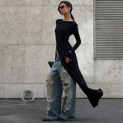 Black Asymmetrical Long Sleeve High Slit Top