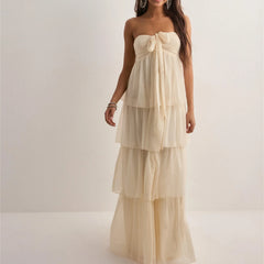 Strapless Tiered Hem Tube Tie Up Maxi Dress