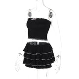  Black Bow Knot Lace Up Short Top Ruffled Cake Skirt Suit