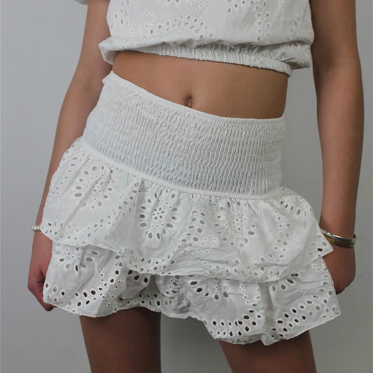 Elastic High Waist Eyelet Tiered Mini Skort