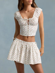 Ruched Sleeve Ctop Top And Mini Skirt Set