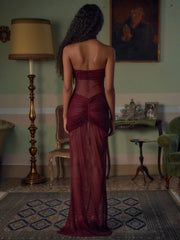 Red Sheer Long Sleeve Drape Maxi Dress