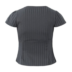 Striped Square Neck Short Sleeve Double Zipper Top