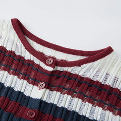 Striped Ribbed Distressed Long Flare Sleeve Button Top