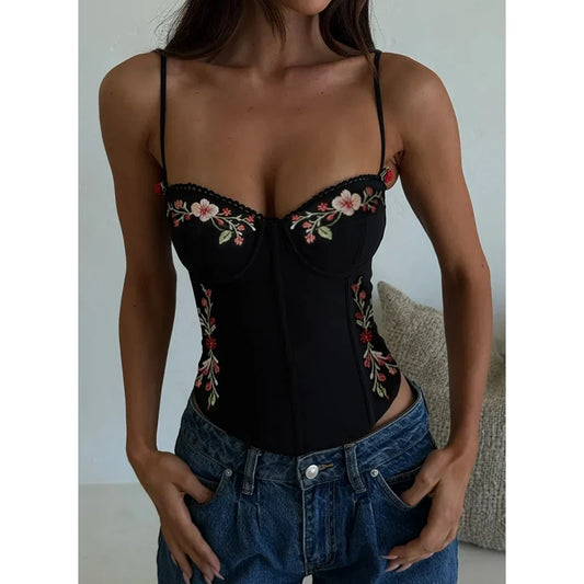 Spaghetti Strap Floral Embroidery Bodycon Top