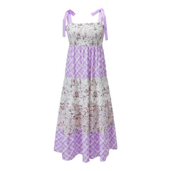 Strappy Tie-Up Smocked Printed Patchwork Maxi Dress