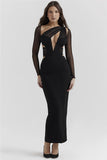 Mesh Long Sleeve Bodycon Deep Neck Maxi Dress