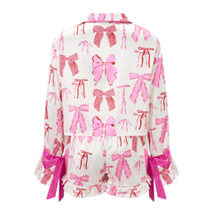 Long Sleeve Bow Print Button Up Top and Shorts Sleepwear Set