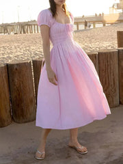 Striped Short Sleeve Ruched Bow Midi Dress