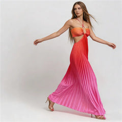 Gradient Pleated Halter Neck Cut Out Maxi Dress