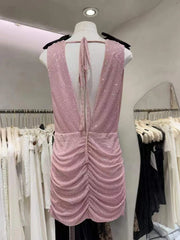 Pink Sequin Cowl Deep Neck Bow Strap Sheer Mini Dress