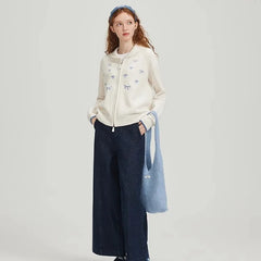 White Bow Embroidery Zipper Cardigan