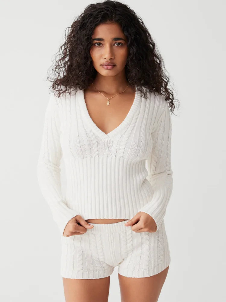 Women Knitted V Neck Hooded Sweater Short Pants Suit 