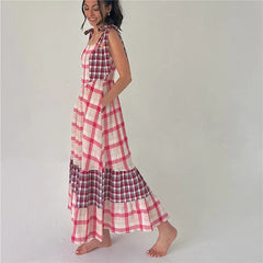Colour Block Plaid Tie Shoulder Strap Maxi Dress