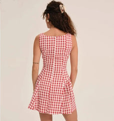 Plaid Print O-neck Sleeveless Mini Dress
