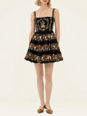 Black Floral Embroidered A-line Mini Dress