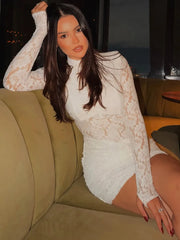 White Lace Long Sleeve  Mock Neck Sheer Bodycon Mini Dress