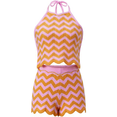 Striped Crochet Ruffle Hem Halter Top And Shorts Set