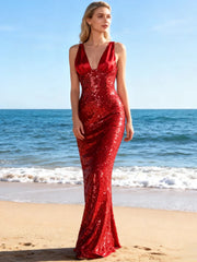 Red Deep V-Neck Sequin Long Dress