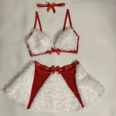 Red Fur Bra And Mini Skirt With Choker Bow Set