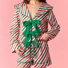 Candy Cane Striped  Front Bow Tie Long Sleeve Top and Shorts Loungewear Set