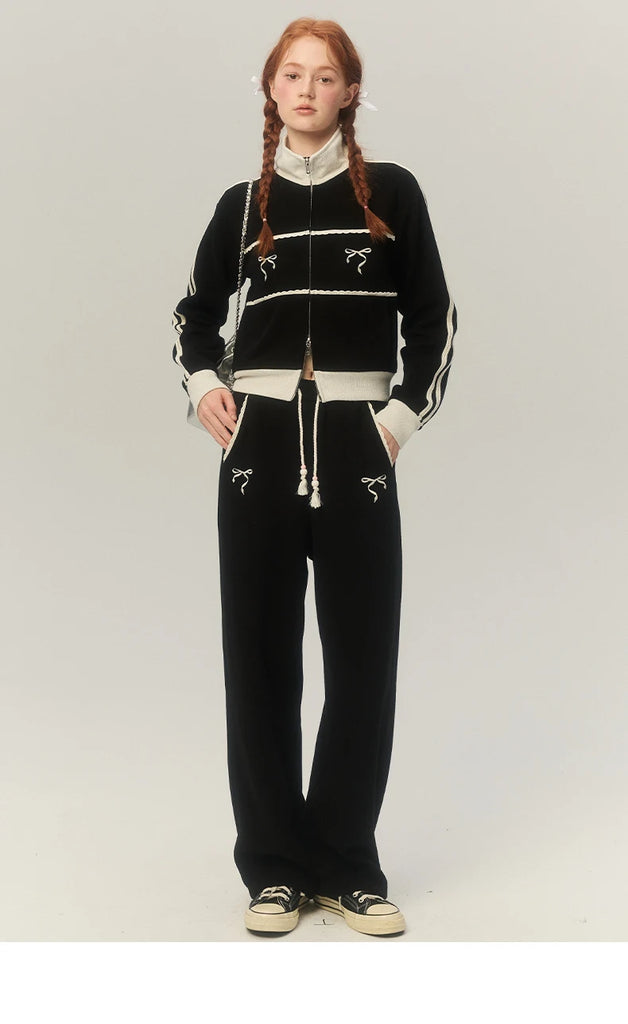 Black Drawstring Bow Stripe Print Straight Sweatpants