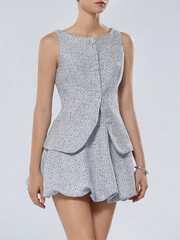 Grey Tweed Sleeveless Vest And Puff Mini Skirt Set