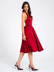 Red Satin Halter Deep V Neck Midi Dress
