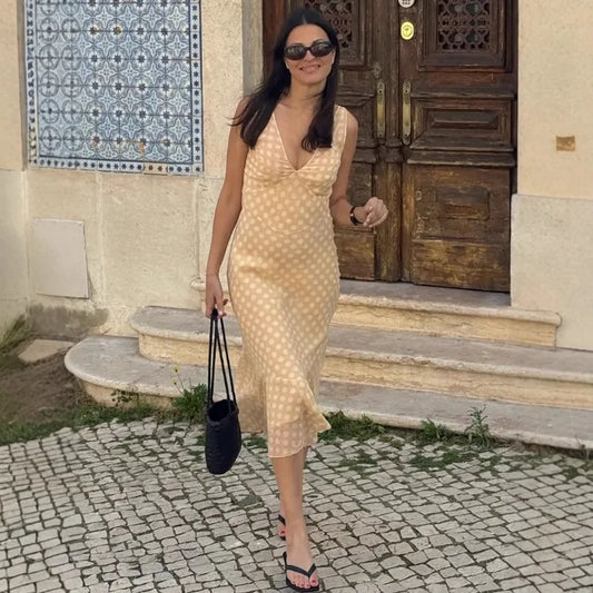 Beige Polka Dot Ruffle Midi Dress