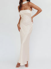 Satin Tube Halter Drape Long Dress