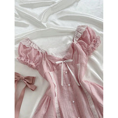 Pink Puff Sleeve Bow Mini Dress