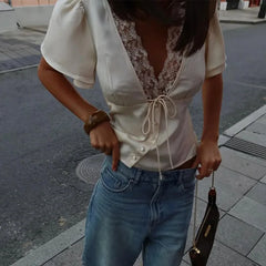 Satin Lace V-neck Short Sleeve Top