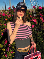 Pink Stripe Off Shoulder T-Shirt