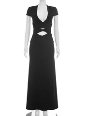 Black Twist Ruched Waist Cut Out Cap Sleeve Maxi Dress