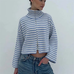 Striped Knit High Neck Zipper Cardigan
