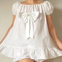 White Bow Ruffle Hem Short Sleeve Babydoll Top And Boomers Shorts Set