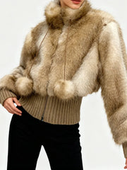 Brown Fur Fuzzy Zipper Short Jacket