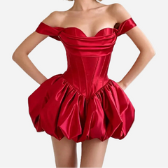 Satin Off-Shoulder Corset Bubble Hem Mini Dress