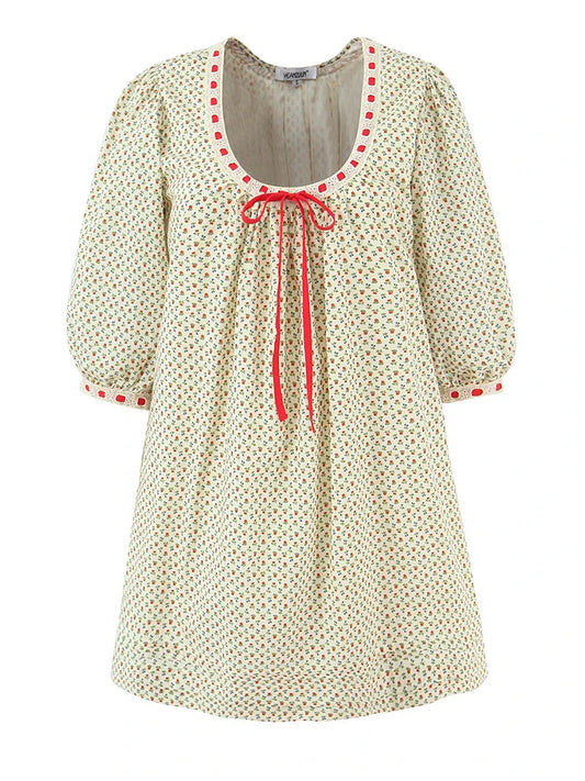 Floral Print Ribbon Drawstring O-Neck Half Sleeve Mini Dress
