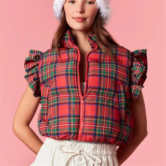 Red Plaid Ruffle Cap Sleeve Zip Cropped Puffer Vest