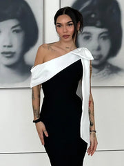 One Shoulder White Bow Diagonal Collar Black Midi Dress